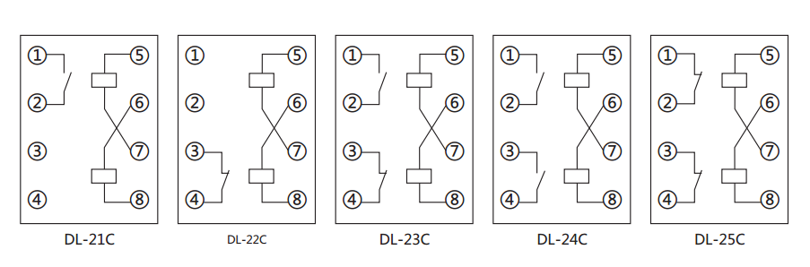 DL-24C系列電流繼電器內(nèi)部接線及外引接線（正視圖）