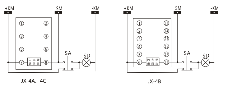 JX-4A閃光繼電器內(nèi)部接線及外引接線圖