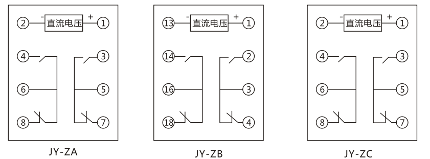 JY-ZB直流高低值電壓繼電器內(nèi)部接線及外引接線圖