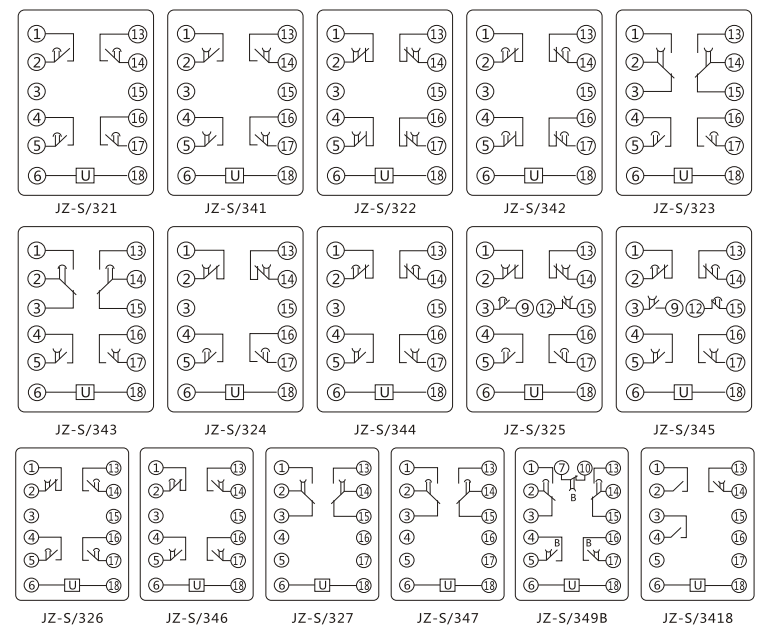 JZ-S/342靜態(tài)可調(diào)延時(shí)中間繼電器內(nèi)部接線圖及外引接線圖