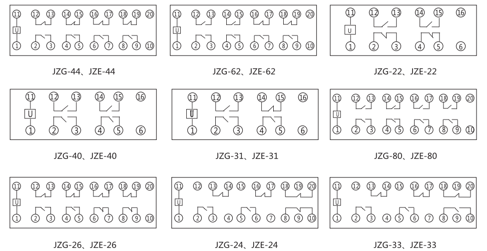 JZG-24卡軌式靜態(tài)中間繼電器內(nèi)部端子外引接線圖