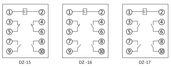 DZ-16中間繼電器內(nèi)部接線圖及外引接線圖(正視圖)